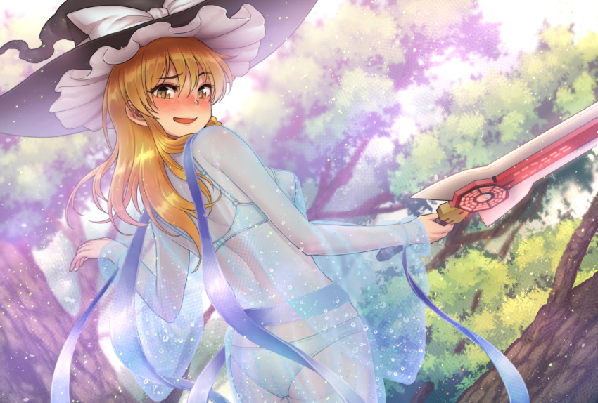 1girl ass blonde_hair blush bra chiaki_rakutarou dutch_angle embarrassed hat highres holding holding_sword holding_weapon kirisame_marisa long_hair outdoors panties see-through solo sword touhou tree underwear weapon white_bra white_panties witch_hat yellow_eyes