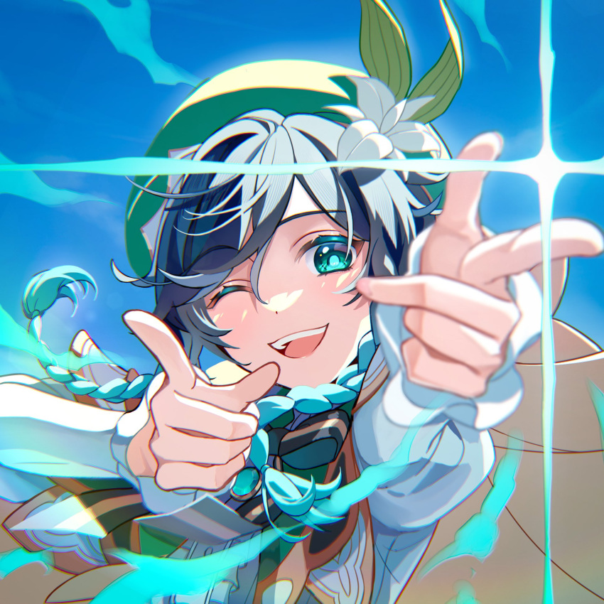 1boy aliceseed androgynous aqua_eyes bangs beret bishounen black_hair blue_eyes blue_hair blurry blurry_foreground braid commentary_request fantasy flower frilled_sleeves frills genshin_impact glowing gradient_hair green_eyes hat highres long_sleeves looking_at_viewer male_focus multicolored_hair one_eye_closed open_mouth outdoors pointing pointing_at_viewer smile solo teeth upper_teeth venti_(genshin_impact) white_flower