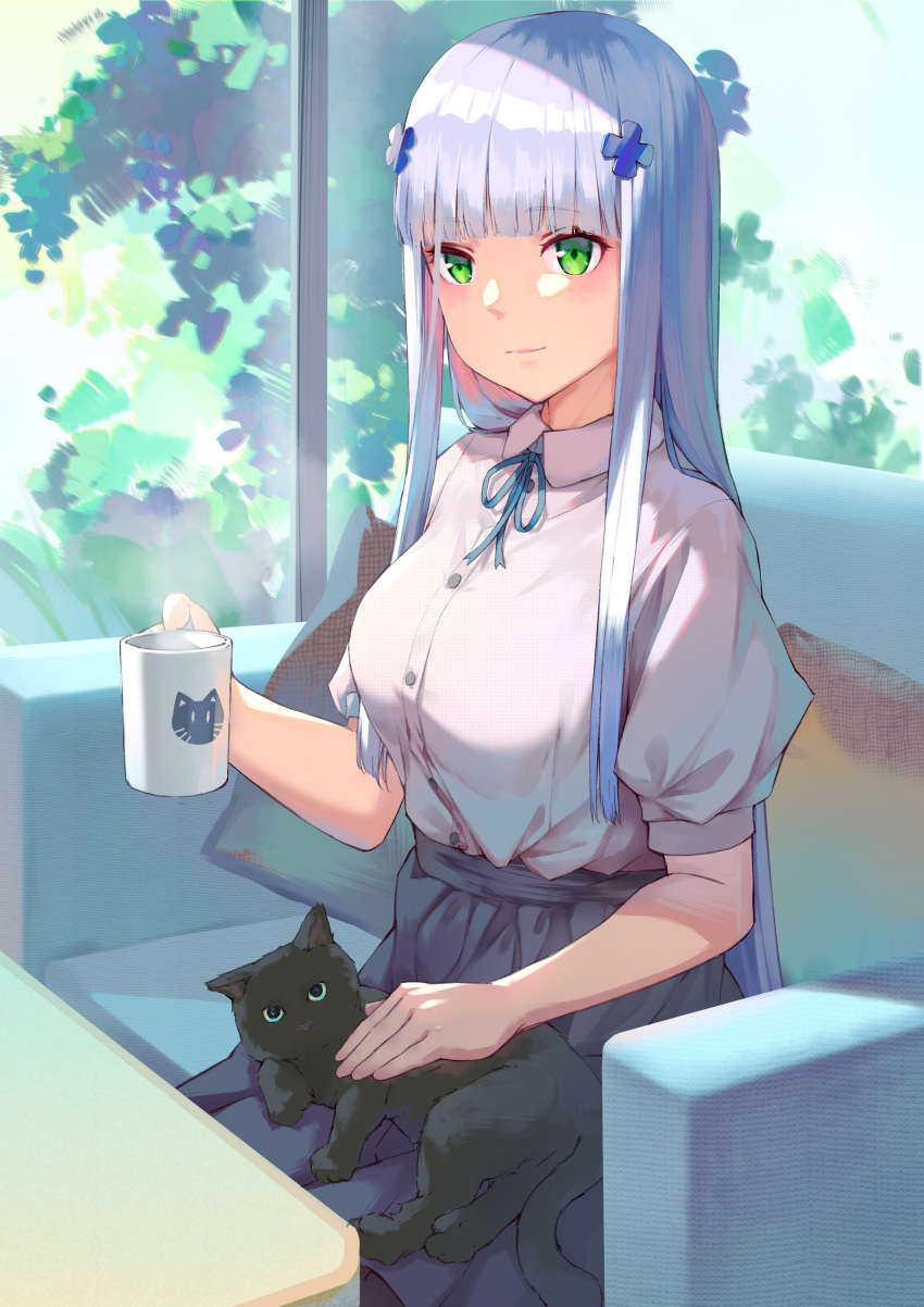 1girl absurdres alternate_costume animal bangs black_cat black_skirt blue_neckwear blue_ribbon blunt_bangs blush breasts cat closed_mouth coffee_mug collared_shirt couch cup eyebrows_visible_through_hair girls_frontline green_eyes hair_ornament highres hk416_(girls_frontline) holding holding_cup huge_filesize long_hair looking_at_viewer medium_breasts mug neck_ribbon on_couch petting ren_huozhe ribbon shirt short_sleeves sidelocks silver_hair sitting skirt smile solo steam straight_hair very_long_hair white_shirt