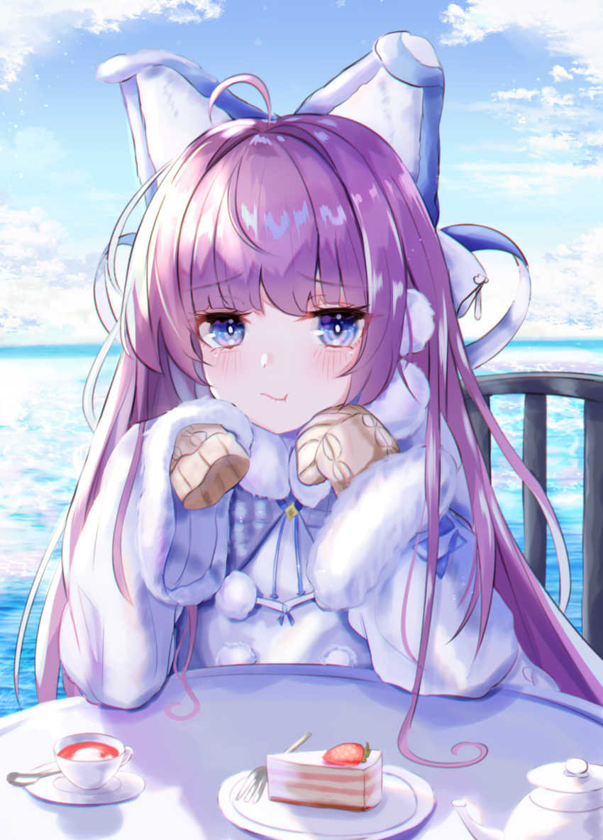 1girl animal_ears azur_lane black_tea blue_eyes blue_sky blush brown_sweater coat cup day earmuffs eyebrows_visible_through_hair fake_animal_ears food fruit fur-trimmed_coat fur-trimmed_sleeves fur_trim hair_ornament hair_ribbon highres long_hair long_sleeves looking_at_viewer ocean panipo plate purple_hair ribbon sitting sky solo strawberry sweater tashkent_(azur_lane) tea teacup very_long_hair very_long_sleeves white_coat white_legwear winter_clothes