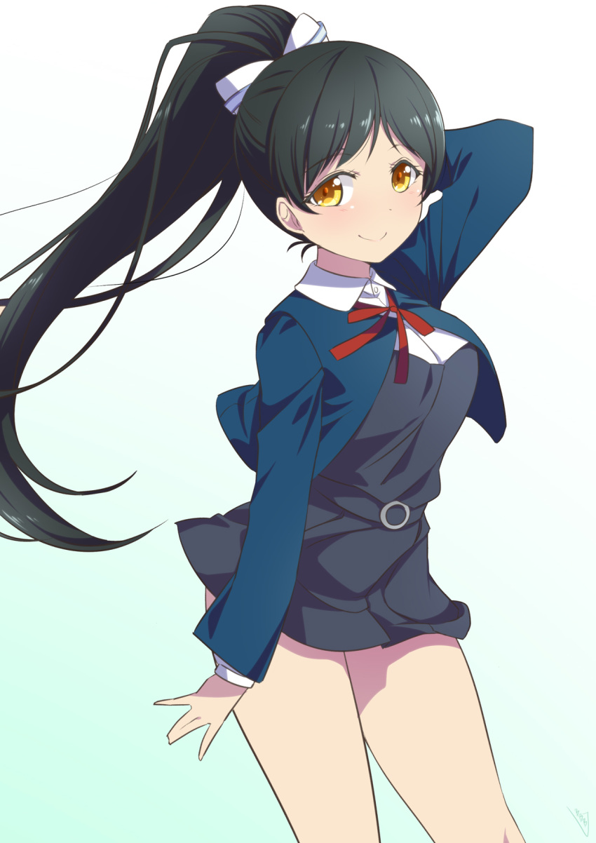 1girl arm_behind_head arm_up bangs black_dress black_hair blue_jacket blush bow bowtie bunji dress eyebrows_visible_through_hair hair_bow hazuki_ren hello!!!_love_live! high_ponytail highres jacket long_hair long_sleeves looking_at_viewer love_live! parted_bangs pinafore_dress ponytail red_neckwear school_uniform smile solo thighs white_bow yellow_eyes