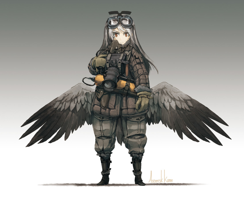 1girl artist_name asterisk_kome bangs bird_wings black_footwear boots brown_coat brown_gloves camera closed_mouth coat commentary gloves goggles goggles_on_head gradient gradient_background grey_background grey_pants grey_wings holding holding_camera light_frown long_hair long_sleeves looking_at_viewer low_wings oxygen_mask oxygen_tank pants red_eyes shadow signature silver_hair solo standing winged_fusiliers wings