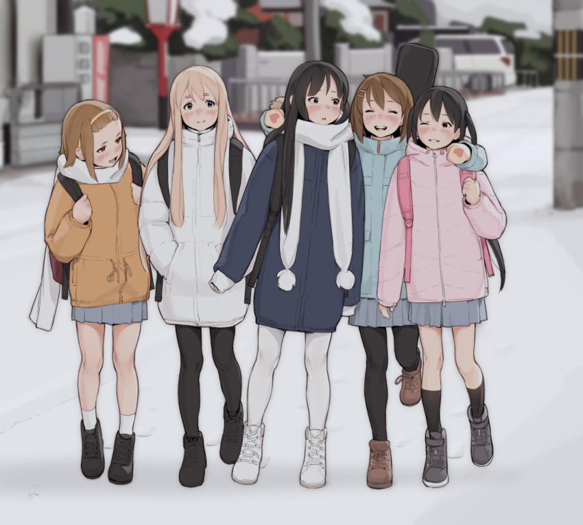 5girls :d ^_^ akiyama_mio backpack bag beige_coat black_footwear black_hair black_legwear blonde_hair blue_coat blurry blurry_background blush brown_footwear brown_hair closed_eyes coat commentary depth_of_field grey_footwear grey_skirt hair_ornament hairband hairclip hand_on_another's_shoulder hands_in_pockets happy heart heart_print highres hirasawa_yui holding_strap k-on! kotobuki_tsumugi long_hair long_sleeves looking_at_another looking_at_viewer luimiart mittens multiple_girls nakano_azusa open_mouth pantyhose parted_lips pink_coat pleated_skirt scarf short_hair short_sleeves skirt sleeves_past_wrists smile snow socks tainaka_ritsu walking white_coat white_footwear white_legwear white_scarf winter winter_clothes