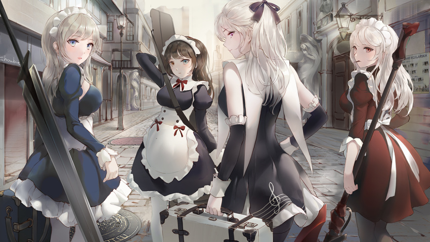 4girls arm_warmers artist_name axe black_bow black_dress blue_dress blue_eyes bow breasts brown_hair building chowbie day dress gun hair_bow heterochromia holding_suitcase lamppost large_breasts light_brown_hair long_sleeves looking_at_viewer looking_back maid maid_headdress manhole_cover medium_breasts mouth_hold multiple_girls musical_note musical_note_print original outdoors pantyhose pinafore_dress polearm puffy_long_sleeves puffy_sleeves red_dress red_eyes road standing street suitcase sword weapon white_hair white_legwear