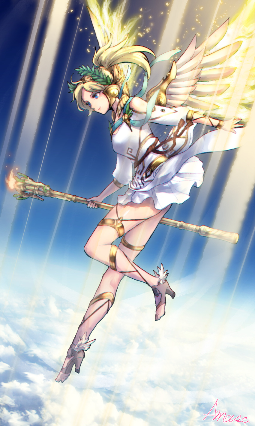 1girl above_clouds absurdres alternate_costume artist_name barefoot_sandals blonde_hair blue_eyes chii_in_baru_saba clouds dress feathered_wings glo glowing glowing_feather glowing_wings hair_ornament head_wreath high_ponytail highres holding holding_staff jewelry laurel_crown mechanical_wings mercy_(overwatch) nose overwatch ponytail sky solo spread_wings staff toga white_dress winged_victory_mercy wings yellow_wings