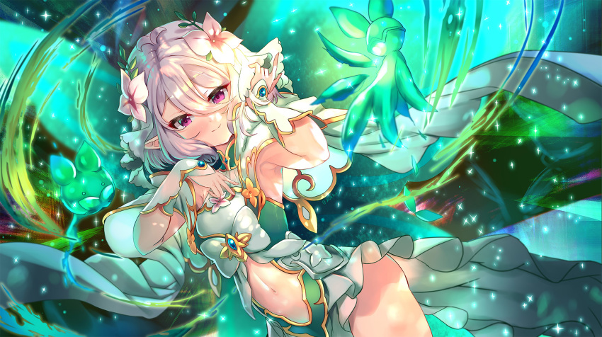 1girl antenna_hair armpits bangs bare_shoulders blurry blurry_background breasts closed_mouth commentary_request depth_of_field dress eyebrows_visible_through_hair flower green_dress hair_between_eyes hair_flower hair_ornament hands_up highres kokkoro_(princess_connect!) princess_connect! princess_connect!_re:dive princess_form_(princess_connect!) silver_hair small_breasts smile solo sparkle violet_eyes white_flower xephonia