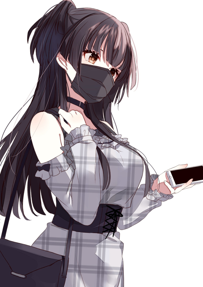 1girl bag bangs bare_shoulders black_choker black_hair black_mask blush brown_eyes cellphone choker corset dress handbag highres holding holding_phone idolmaster idolmaster_shiny_colors long_hair long_sleeves mask mayuzumi_fuyuko misumi_(macaroni) mouth_mask phone plaid plaid_dress simple_background smartphone solo surgical_mask two_side_up upper_body white_background