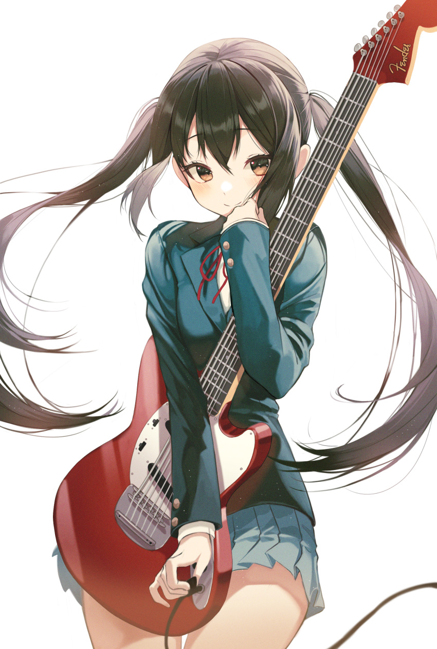 1girl absurdres black_hair blazer blue_jacket brown_eyes cable electric_guitar grey_skirt guitar highres holding holding_instrument instrument jacket k-on! long_hair long_sleeves looking_at_viewer miniskirt nakano_azusa pleated_skirt pro-p sakuragaoka_high_school_uniform school_uniform simple_background skirt solo twintails white_background wing_collar