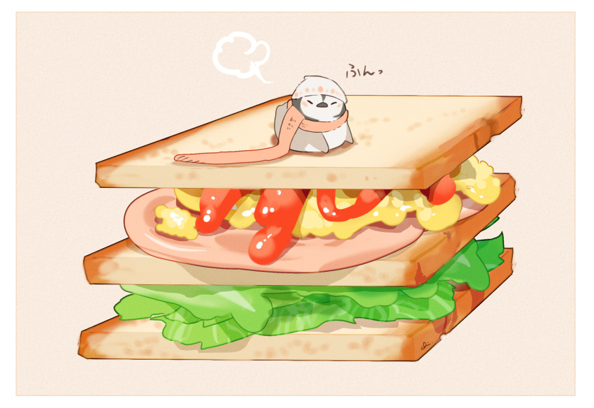 artist_name beige_background bird border chai commentary_request food hat highres looking_at_viewer no_humans original penguin sandwich scarf simple_background sitting_on_food