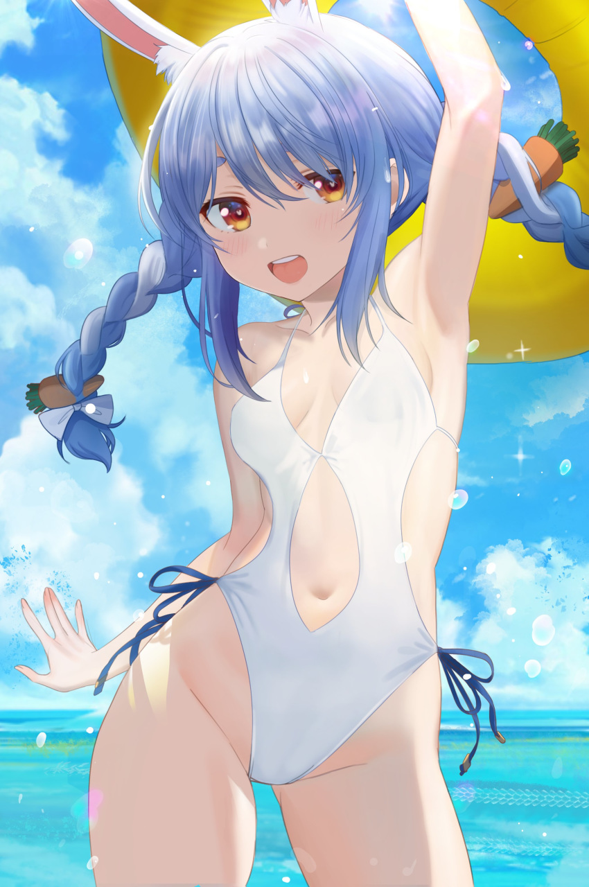 1girl :d absurdres animal_ear_fluff animal_ears arm_up armpits bare_arms bare_shoulders blue_hair braid breasts carrot_hair_ornament clouds cowboy_shot day food_themed_hair_ornament groin hair_ornament highleg highleg_swimsuit highres hololive long_hair looking_at_viewer navel navel_cutout ocean one-piece_swimsuit open_mouth orange_eyes outdoors rabbit_ears seicoh sky small_breasts smile solo spaghetti_strap standing swimsuit thighs twin_braids twintails usada_pekora water wet white_swimsuit