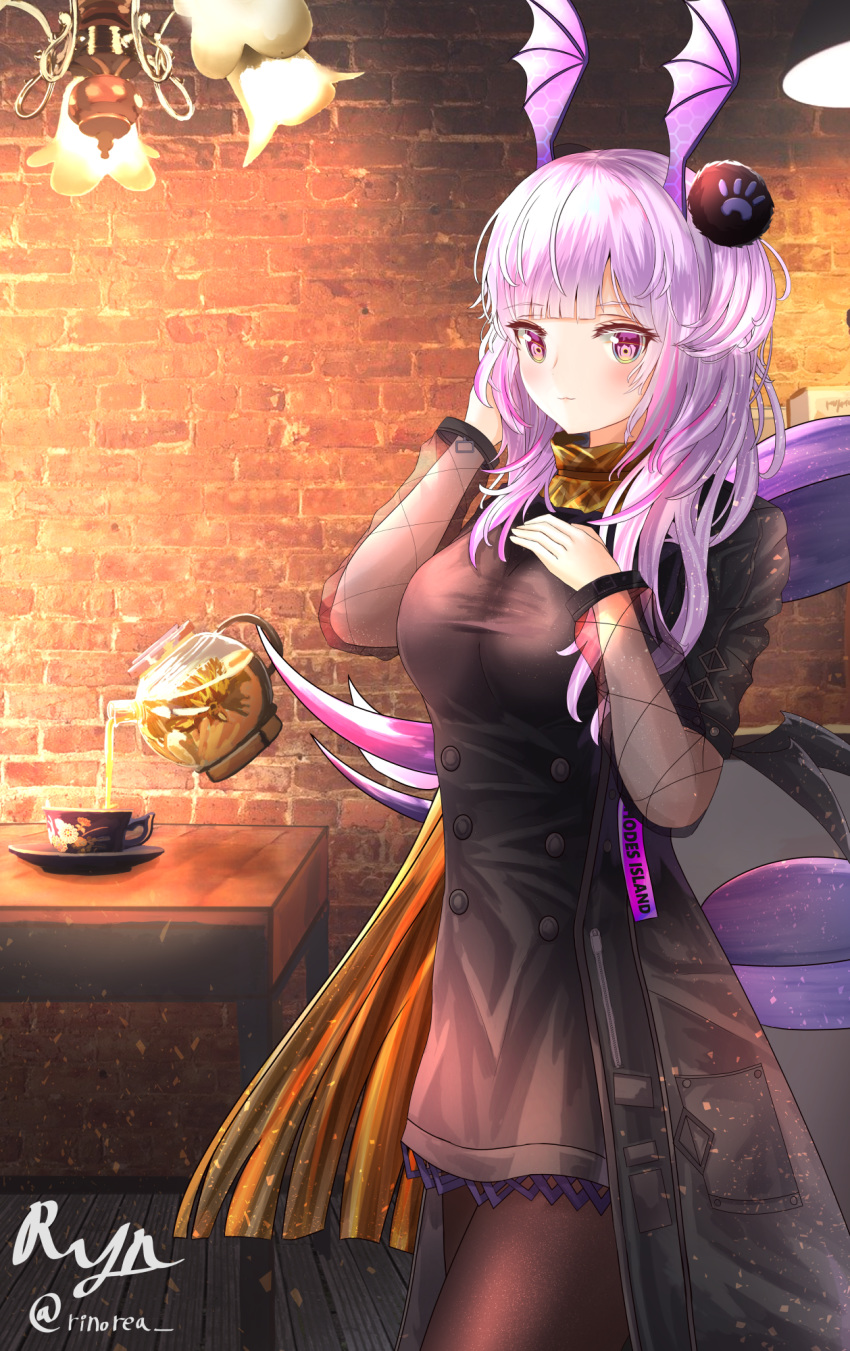 arknights bat_wings black_coat black_legwear breasts coat cup hair_ornament head_wings highres large_breasts manticore manticore_(arknights) purple_hair rino_rea scorpion_tail skirt tail teacup teapot violet_eyes wings