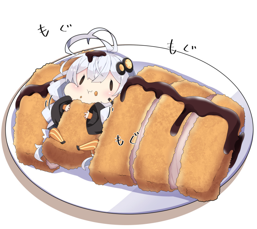 1girl :t antenna_hair bangs black_jacket blush chibi closed_mouth commentary eating food food_on_face hair_between_eyes hair_ornament headset highres holding holding_food in_food jacket kizuna_akari long_hair long_sleeves milkpanda minigirl plate puffy_long_sleeves puffy_sleeves sauce silver_hair sleeves_past_wrists solid_oval_eyes solo star_(symbol) tonkatsu translated twintails very_long_hair voiceroid wavy_mouth