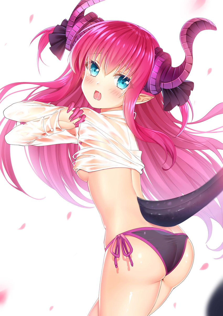 1girl :o absurdres ass bikini black_bikini blue_eyes breasts cowboy_shot curled_horns elizabeth_bathory_(fate) elizabeth_bathory_(fate)_(all) fate/extra fate/extra_ccc fate_(series) heishan highres horns long_hair long_sleeves looking_at_viewer looking_back no_bra open_mouth petals pink_hair pointy_ears saliva see-through shirt side-tie_bikini simple_background small_breasts solo standing swimsuit tail thighs undressing wet wet_clothes wet_shirt white_background