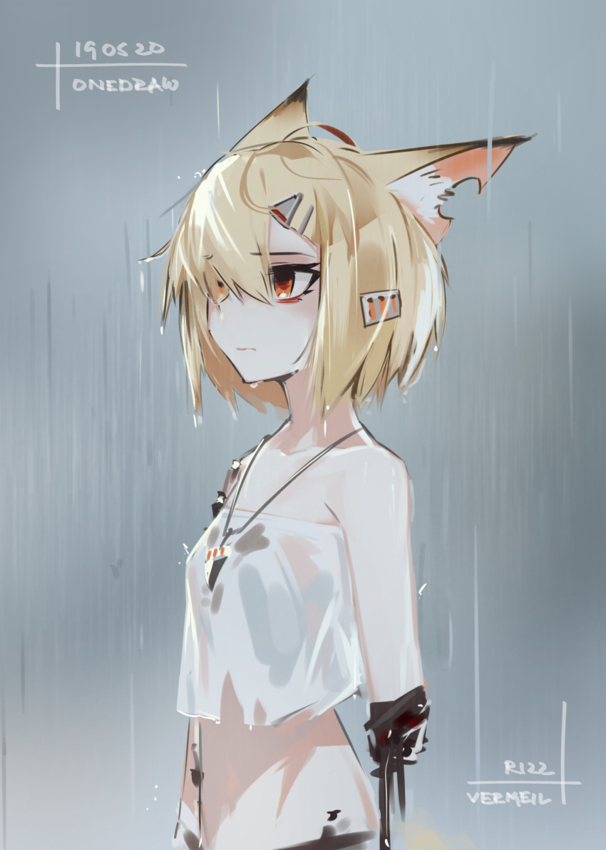 1girl amputee animal_ears arknights bare_shoulders blonde_hair crop_top deel_(rkeg) hair_over_one_eye highres jewelry looking_away midriff necklace orange_eyes rain shirt short_hair sleeveless sleeveless_shirt solo strapless_shirt vermeil_(arknights) white_shirt