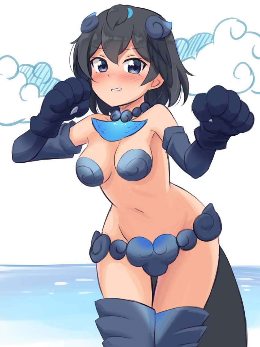 1girl absurdres adapted_costume bangs bare_shoulders black_eyes black_gloves black_hair blush breasts clenched_teeth clouds commentary cosplay cowboy_shot elbow_gloves eyebrows_visible_through_hair gloves greater_lophorina_(kemono_friends) groin hair_between_eyes head_wings highres jewelry kemono_friends leaning_forward looking_at_viewer medium_breasts navel necklace paw_gloves paws shiisaa_right shiisaa_right_(cosplay) shiraha_maru short_hair solo stomach tail teeth thigh-highs thigh_gap