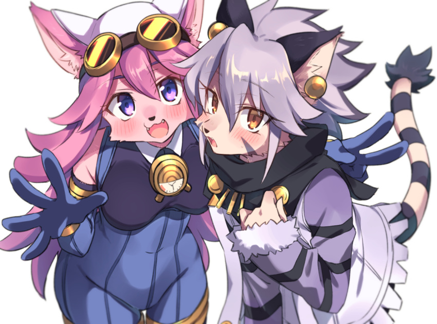 2girls :3 :d animal_ear_fluff animal_ears animal_nose blush bodysuit breasts brown_eyes cat cat_ears cat_girl cat_tail chocolat_gelato commentary covered_navel cowboy_shot dog dog_ears dog_girl dog_tail earrings elbow_gloves elh_melizee eyebrows_visible_through_hair fangs fur-trimmed_sleeves fur_trim furry gloves goggles goggles_on_head hair_between_eyes jewelry long_hair long_sleeves looking_at_viewer medium_breasts medium_hair multiple_girls open_mouth pink_fur pink_hair saigi smile snout solatorobo striped_tail tail violet_eyes