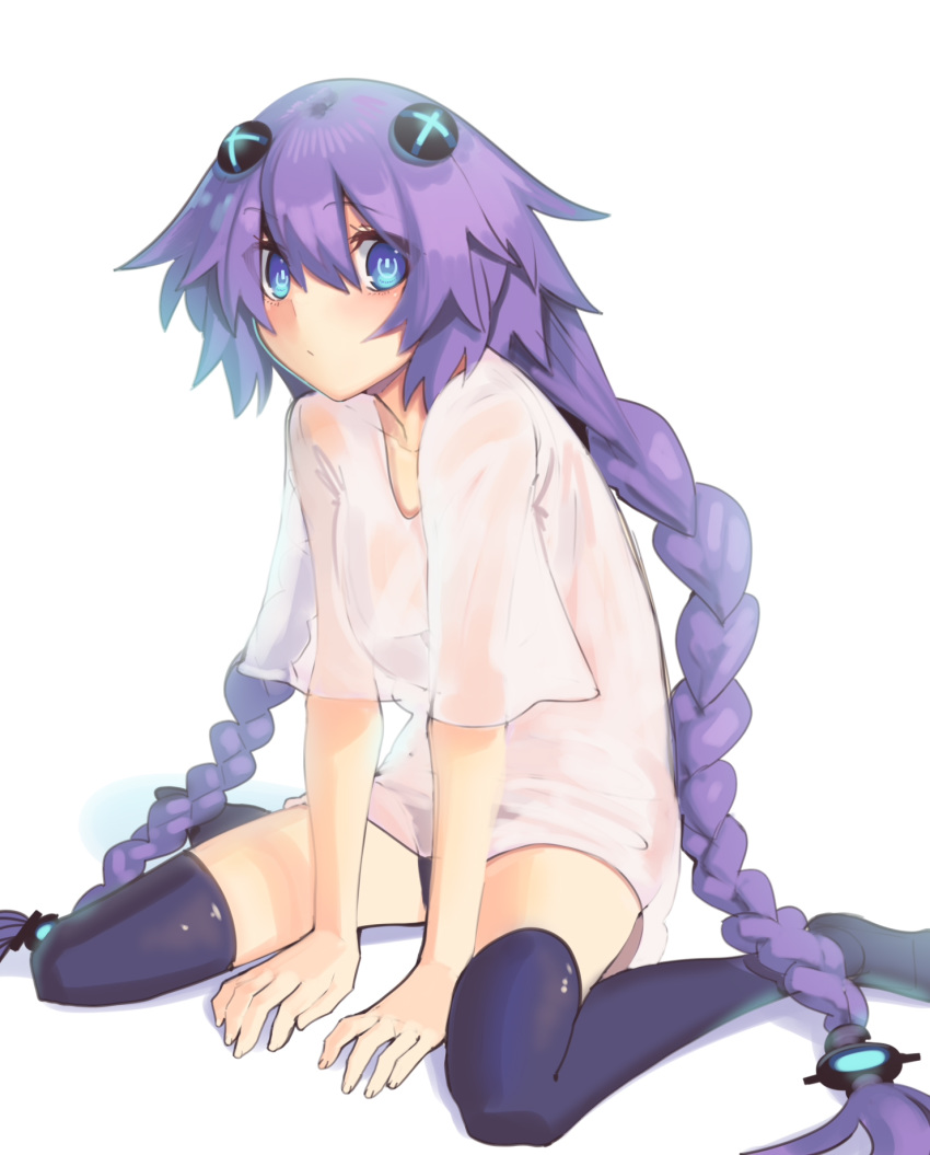 1girl between_legs blue_eyes blush boa_(brianoa) choujigen_game_neptune closed_mouth convenient_arm eyebrows_visible_through_hair hair_between_eyes hair_ornament hand_between_legs highres leaning_forward long_hair looking_at_viewer neptune_(series) purple_hair purple_heart purple_legwear shirt short_sleeves simple_background sitting solo symbol-shaped_pupils thigh-highs very_long_hair wariza white_background white_shirt