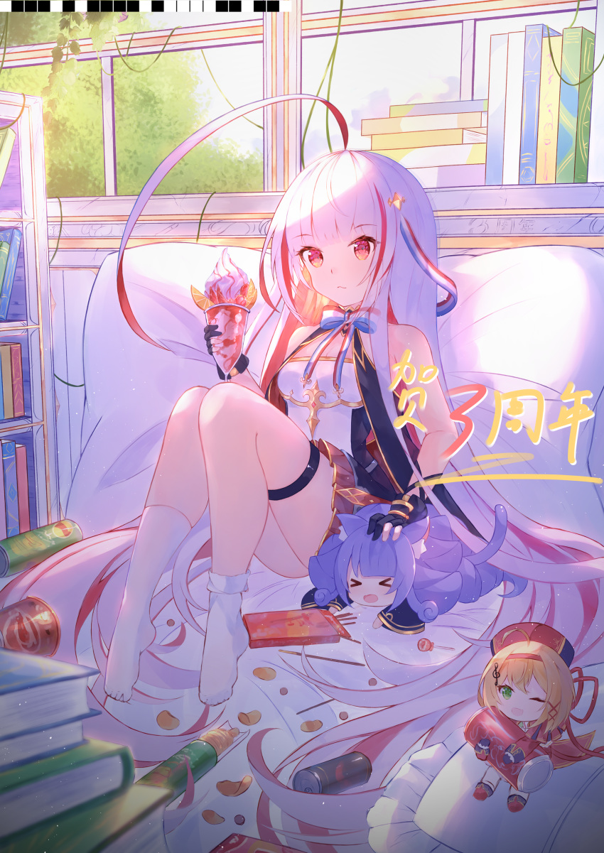 1girl absurdly_long_hair absurdres ahoge azur_lane backlighting bangs black_gloves book book_stack bookshelf breasts can character_doll chinese_commentary chips closed_mouth commentary_request eyebrows_visible_through_hair fingerless_gloves food gloves hair_ribbon highlights highres huge_ahoge indoors knees_up long_hair meowfficer_(azur_lane) multicolored_hair naycot neck_ribbon no_shoes parfait pillow pocky potato_chips pringles red_eyes redhead ribbon sidelocks silver_hair sitting sleeveless small_breasts snack socks soda_can solo southampton_(azur_lane) streaked_hair thigh_strap vauquelin_(azur_lane) very_long_hair white_legwear window wrapped_candy