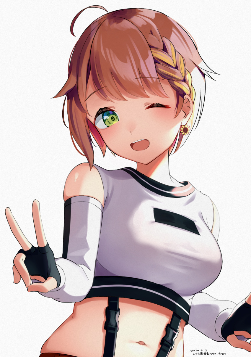 1girl ;d absurdres ahoge bangs bare_shoulders black_gloves blonde_hair blush braid breasts brown_hair commentary_request crop_top dated detached_sleeves earrings eyebrows_visible_through_hair fingerless_gloves flower flower_earrings gloves green_eyes grey_background hair_flaps highres hirota_fruit honma_himawari jewelry long_sleeves looking_at_viewer medium_breasts midriff multicolored_hair navel nijisanji one_eye_closed open_mouth shirt short_hair simple_background skindentation sleeveless sleeveless_shirt smile solo streaked_hair sunflower twitter_username upper_body upper_teeth virtual_youtuber white_shirt white_sleeves yellow_flower