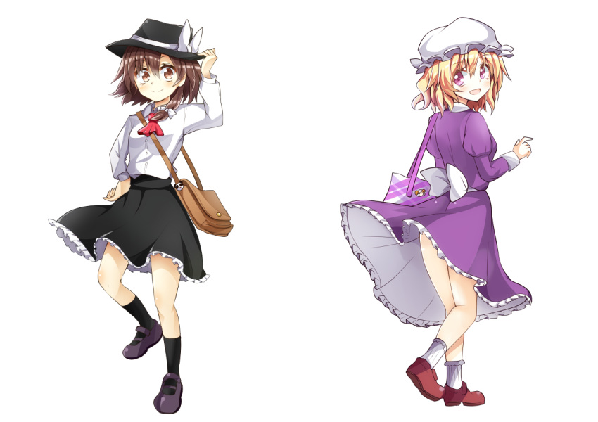 2girls aki_chimaki bag black_legwear black_skirt blonde_hair brown_hair dress fedora hat maribel_hearn mary_janes mob_cap multiple_girls panda purple_dress sheep shirt shoes skirt smile touhou usami_renko white_legwear white_shirt