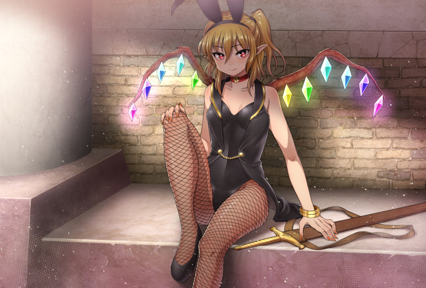 1girl animal_ears bangle blonde_hair bracelet bunnysuit chiaki_rakutarou choker crystal fake_animal_ears fingernails fishnet_legwear fishnets flandre_scarlet highres jewelry leg_up nail_polish pantyhose pink_eyes pointy_ears rabbit_ears scabbard sharp_fingernails sheath sheathed side_ponytail sitting solo sword touhou weapon wings