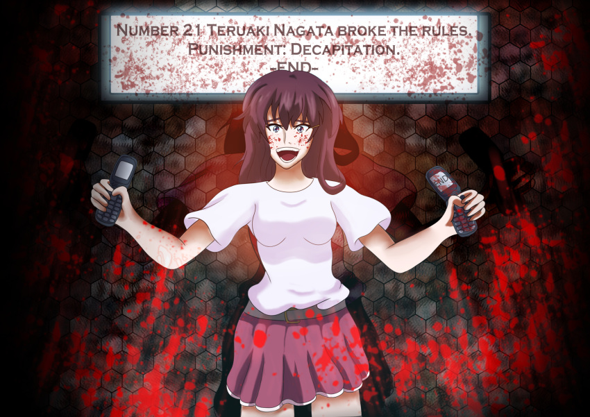 1girl absurdres belt blood blood_on_face blue_eyes breasts evil_smile highres honda_natsuko long_hair ousama_game_(novel) outstretched_arms phone pink_shirt pink_skirt purple_hair screen self_upload shirt skirt smile spread_arms wallpaper widescreen