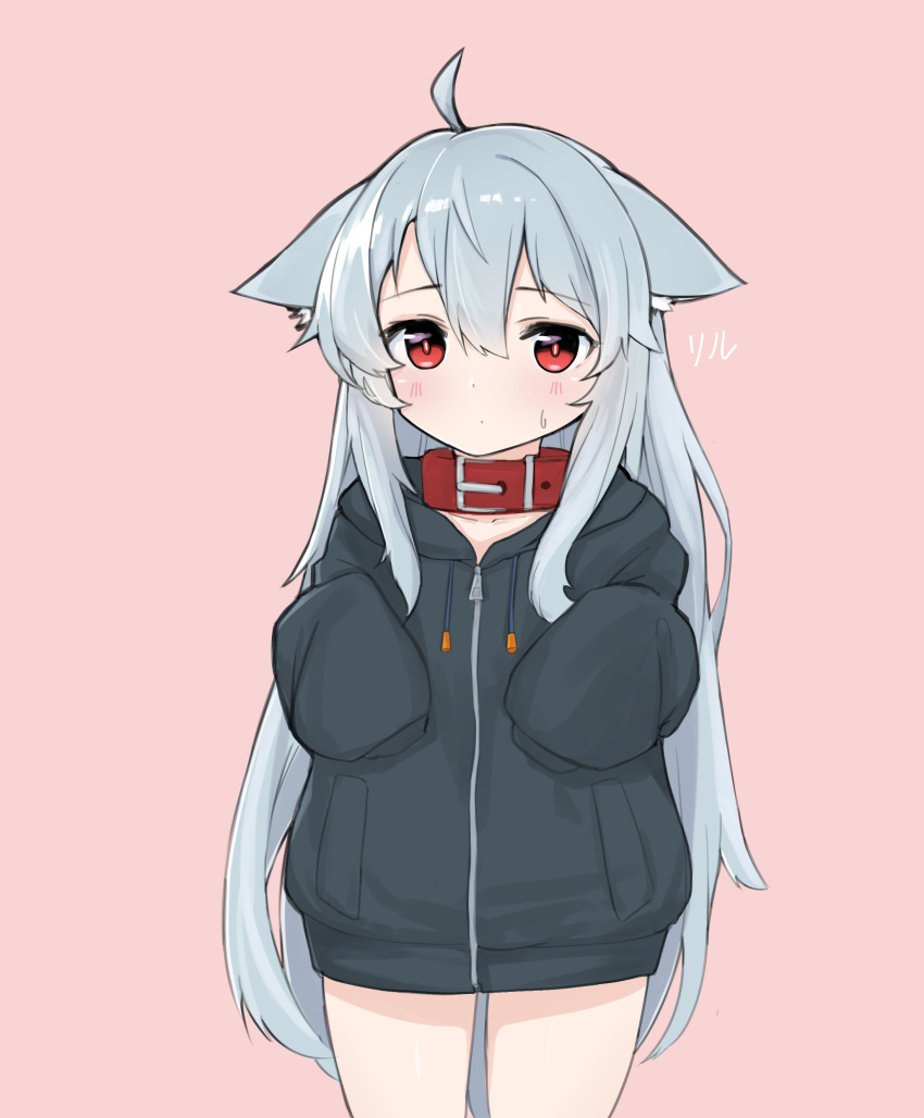 1girl absurdres animal_ear_fluff animal_ears closed_mouth ears_down fenrir_(fenriluuu) highres hood hood_down hoodie light_blue_hair long_hair long_sleeves naked_hoodie original pet_collar pink_background red_eyes sleeves_past_wrists sweatdrop very_long_hair wolf_ears zipper