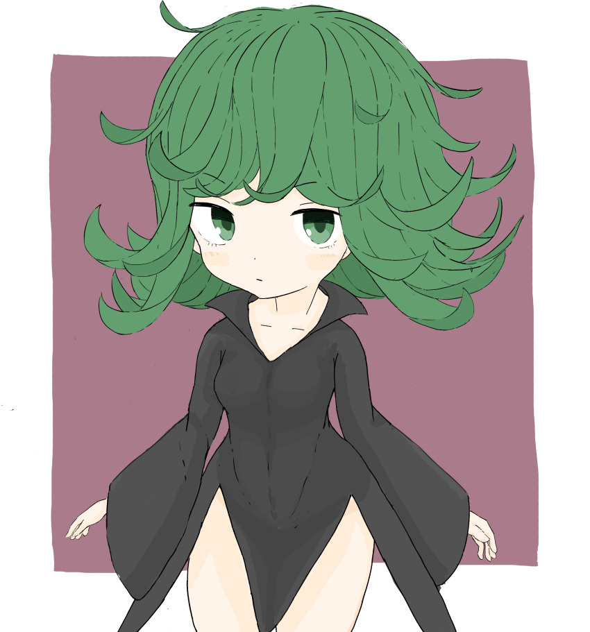 1girl absurdres bangs black_dress breasts brown_background closed_mouth collarbone commentary_request dress eyebrows_visible_through_hair green_eyes green_hair highres long_hair long_sleeves looking_at_viewer one-punch_man rururu_(pyrk8855) small_breasts solo tatsumaki two-tone_background white_background wide_sleeves