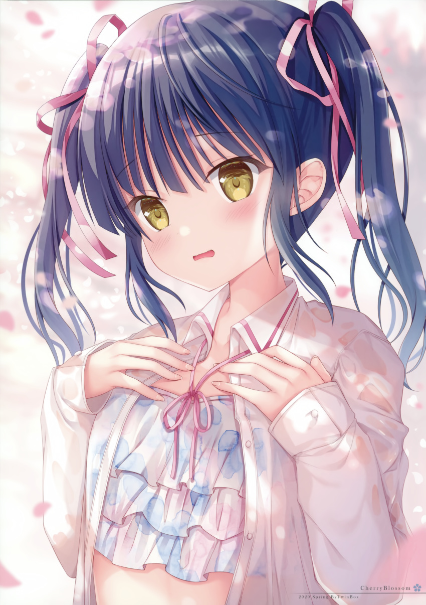 1girl absurdres bangs bikini bikini_under_clothes blue_hair collared_shirt eyebrows_visible_through_hair hair_ribbon hands_on_own_chest highres kodama_haruka layered_bikini long_hair long_sleeves looking_at_viewer open_clothes open_shirt parted_lips petals pink_ribbon ribbon see-through shirt sidelocks sleeves_past_wrists solo sousouman swimsuit twinbox_school twintails unbuttoned unbuttoned_shirt upper_body wet wet_clothes wet_shirt white_shirt yellow_eyes