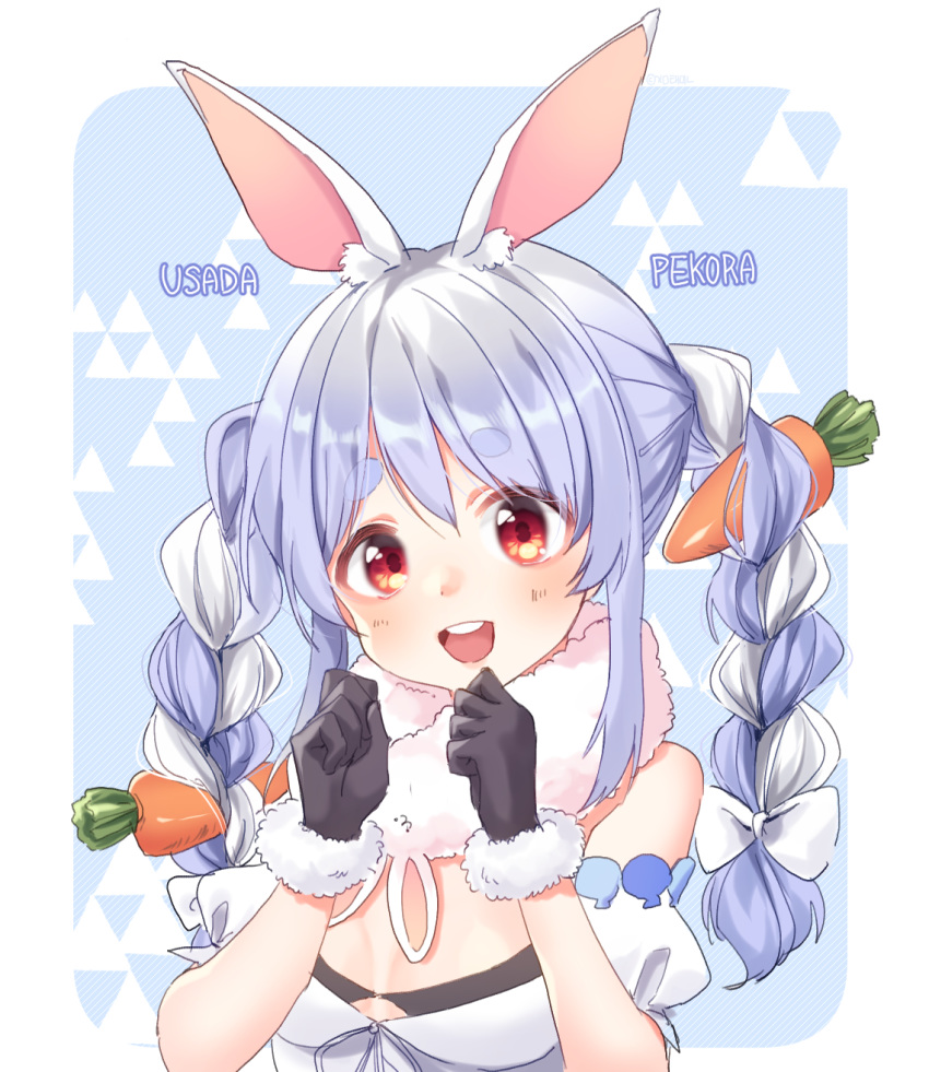 1girl animal_ear_fluff animal_ears bare_shoulders black_gloves blue_hair blush braid breasts carrot_hair_ornament character_name commentary eyebrows_visible_through_hair food_themed_hair_ornament fur_trim gloves hair_ornament highres hololive long_hair looking_at_viewer multicolored_hair open_mouth rabbit_ears smile solo taemin thick_eyebrows twin_braids two-tone_hair upper_teeth usada_pekora virtual_youtuber white_hair
