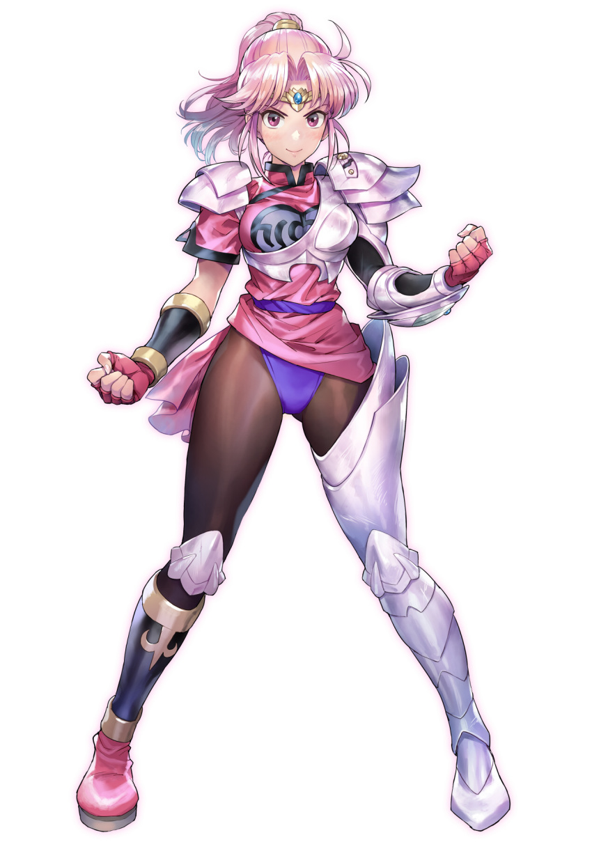 &gt;:) 1girl armor black_legwear character_request circlet clenched_hands commentary_request dragon_quest dragon_quest_dai_no_daibouken fingerless_gloves full_body gloves greaves highres knee_guards long_hair looking_at_viewer maam matsuda_(matsukichi) pantyhose pauldrons pink_footwear pink_gloves pink_hair shoes simple_background solo standing v-shaped_eyebrows violet_eyes white_background