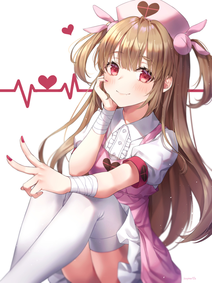 &gt;_&lt; 1girl apron bandaged_arm bandages bangs blush brown_hair bunny_hair_ornament cardiogram center_frills closed_mouth collared_shirt commentary_request eyebrows_visible_through_hair feet_out_of_frame frills hair_ornament hat heart heart_monitor highres knees_up light_brown_hair long_hair looking_at_viewer nail_polish natori_sana nurse_cap pink_apron pink_headwear pleated_skirt puffy_short_sleeves puffy_sleeves red_eyes red_nails sana_channel shirt short_sleeves signature simple_background sitting skirt smile solo soyubee thigh-highs two_side_up very_long_hair virtual_youtuber white_background white_legwear white_shirt white_skirt