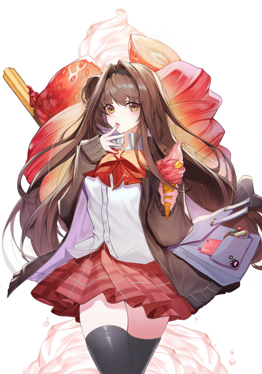 1girl absurdres bag bangs black_bow black_legwear bow bowtie brown_cardigan brown_eyes brown_hair cardigan cellphone character_request chicken_(dalg-idalg) collared_shirt cowboy_shot crepe dress_shirt duffel_bag finger_licking food forever_7th_capital fruit hair_bow highres holding holding_food ice_cream ice_cream_cone licking long_hair long_sleeves looking_at_viewer miniskirt nail_polish open_cardigan open_clothes parted_lips paw_print phone plaid plaid_skirt pleated_skirt purple_nails red_bow red_neckwear red_skirt shirt shoulder_bag side_bun skirt soft_serve solo strawberry thigh-highs untucked_shirt very_long_hair white_background white_shirt zettai_ryouiki