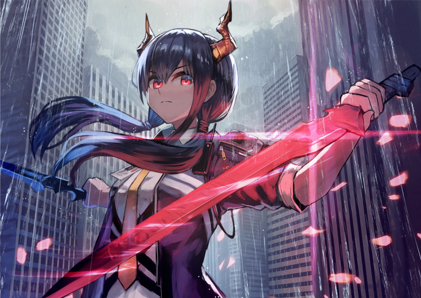 1girl arknights bangs black_jacket blue_hair building ch'en_(arknights) commentary dragon_horns dual_wielding gomashiwo_o hair_between_eyes holding holding_sword holding_weapon horns jacket long_hair looking_at_viewer low_twintails necktie open_clothes open_jacket outdoors rain red_eyes shirt sidelocks solo sword twintails upper_body weapon white_shirt yellow_neckwear