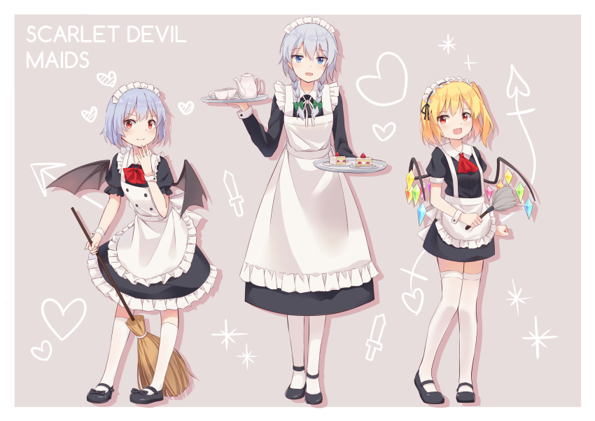3girls absurdres alternate_costume apron bat_wings black_footwear blonde_hair blue_dress blue_eyes blue_hair bow bowtie broom cake commentary contrapposto cup dress duster english_commentary english_text enmaided eyebrows_visible_through_hair flandre_scarlet food fruit full_body grey_background hand_on_own_chin heart highres holding holding_broom holding_duster holding_tray izayoi_sakuya kneehighs knees_together_feet_apart knife laevatein looking_at_viewer maid maid_apron maid_headdress multiple_girls one_side_up open_mouth pantyhose red_eyes red_neckwear remilia_scarlet short_dress short_hair shortcake slice_of_cake smile standing strawberry teacup teapot thigh-highs touhou tray white_legwear wings wrist_cuffs yaruwashi zettai_ryouiki