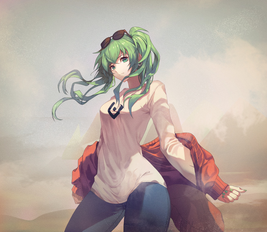 1girl bangs blue_pants breasts chicken_(dalg-idalg) closed_mouth cowboy_shot day desert dust_cloud earrings eyewear_on_head green_eyes green_hair green_nails hair_over_shoulder hatsune_miku highres jacket jewelry long_hair long_sleeves looking_at_viewer medium_breasts nail_polish off_shoulder open_clothes open_jacket outdoors pants print_shirt red_jacket sand shirt sky solo suna_no_wakusei_(vocaloid) sunglasses twintails vocaloid wind