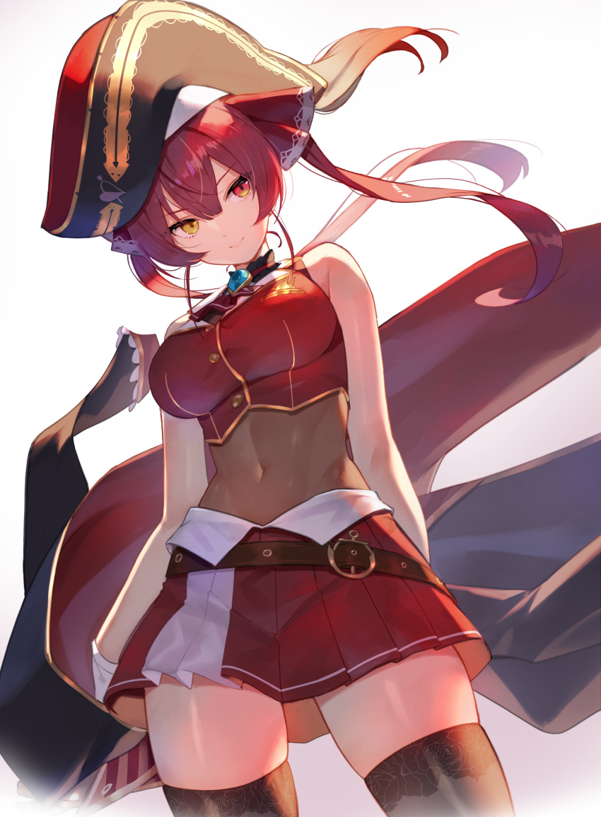 &gt;:) 1girl absurdres arrow_through_heart ascot bare_arms bare_shoulders belt belt_buckle black_headwear breasts brown_legwear buckle closed_mouth covered_navel gloves gradient gradient_background grey_background hat heterochromia highres hololive houshou_marine large_breasts long_hair looking_at_viewer miniskirt pirate_hat pleated_skirt red_eyes red_neckwear red_skirt red_vest redhead skin_tight skirt smile solo sukocchi thigh-highs twintails vest white_gloves yellow_eyes zettai_ryouiki