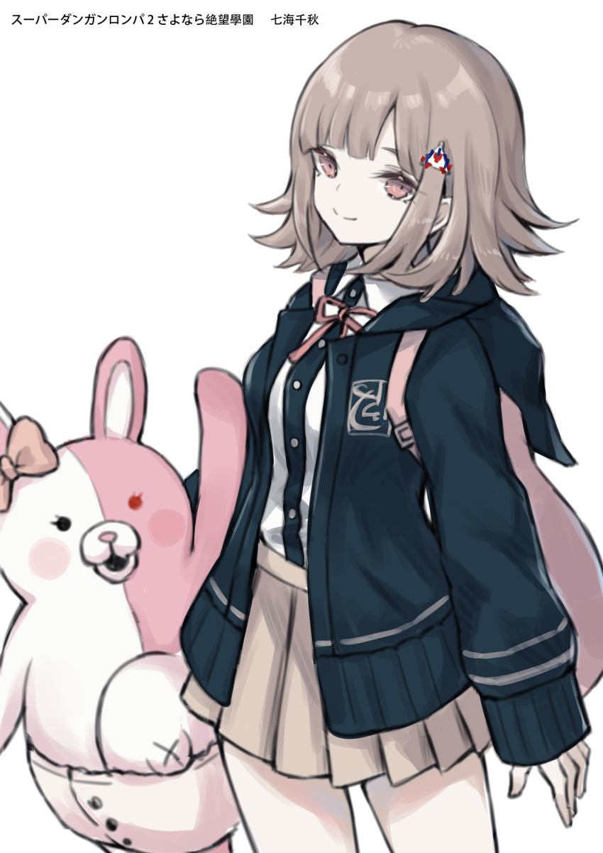 1girl backpack bag bangs beige_skirt blue_jacket buttons commentary cowboy_shot dangan_ronpa flipped_hair hair_ornament highres hood hood_down hooded_jacket jacket medium_hair monomi_(dangan_ronpa) nanami_chiaki neck_ribbon open_clothes open_jacket pink_bag pink_eyes pink_hair pink_ribbon pleated_skirt ribbon riinougat shirt sidelocks simple_background skirt smile stuffed_animal stuffed_bunny stuffed_toy super_dangan_ronpa_2 white_background white_shirt