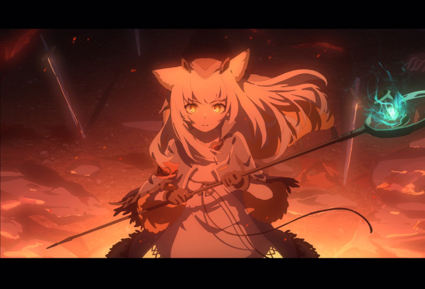 1girl arknights armband black_gloves blood bloody_weapon coat cowboy_shot dress embers feather_trim gloves glowing glowing_staff glowing_weapon head_scarf holding holding_staff kagura_tohru letterboxed long_hair looking_at_viewer open_clothes open_coat outdoors owl_ears parted_lips ptilopsis_(arknights) rhine_lab_logo shadow solo staff sword weapon white_coat white_dress white_hair wind yellow_eyes