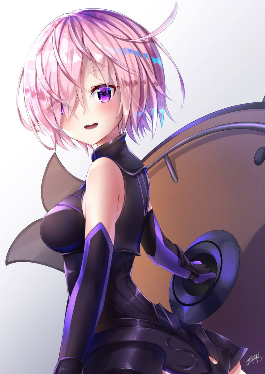 1girl armor armored_dress bangs bare_shoulders black_dress blush breasts commentary_request dress elbow_gloves eyebrows_visible_through_hair eyes_visible_through_hair fate/grand_order fate_(series) from_side gloves hair_over_one_eye highres holding_shield large_breasts lavender_hair looking_at_viewer mash_kyrielight niyu_n_iyun open_mouth pink_hair purple_hair shield short_hair signature smile solo upper_teeth violet_eyes