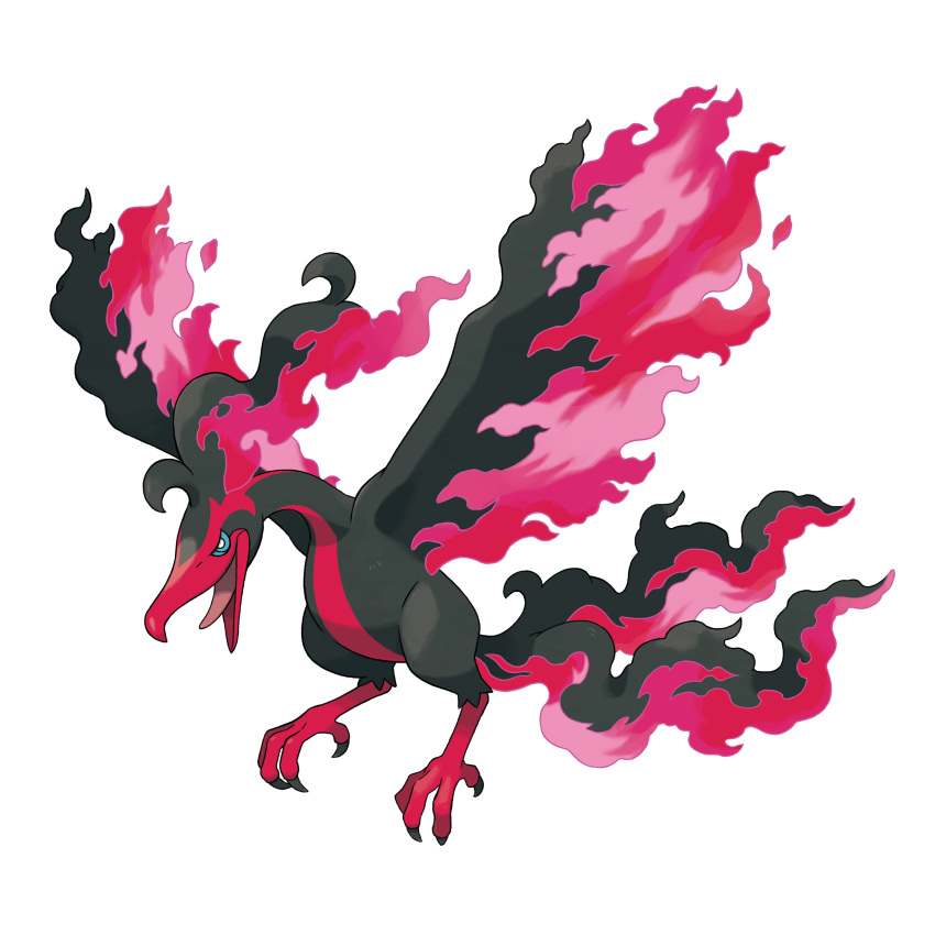 absurdres beak blue_eyes commentary english_commentary fiery_hair fiery_wings galarian_form galarian_moltres gen_8_pokemon highres legendary_pokemon official_art open_mouth pokemon pokemon_(creature) talons tongue tongue_out wings