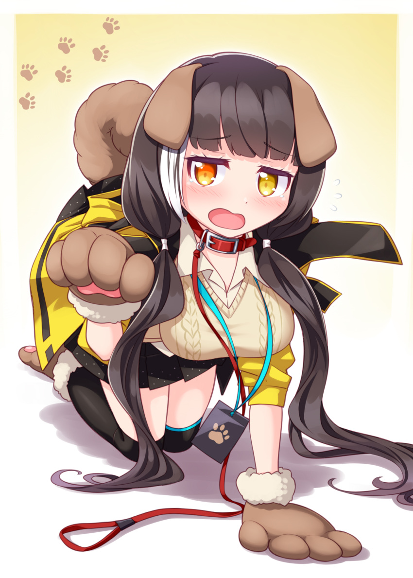 1girl all_fours animal_ears black_hair blush breasts collar dog_collar dog_ears dog_tail embarrassed girls_frontline gloves haradaiko_(arata_himeko) heterochromia highres large_breasts leash paw_background paw_gloves paw_pose paws pleated_skirt ro635_(girls_frontline) skirt solo tail thigh-highs yellow_eyes yes