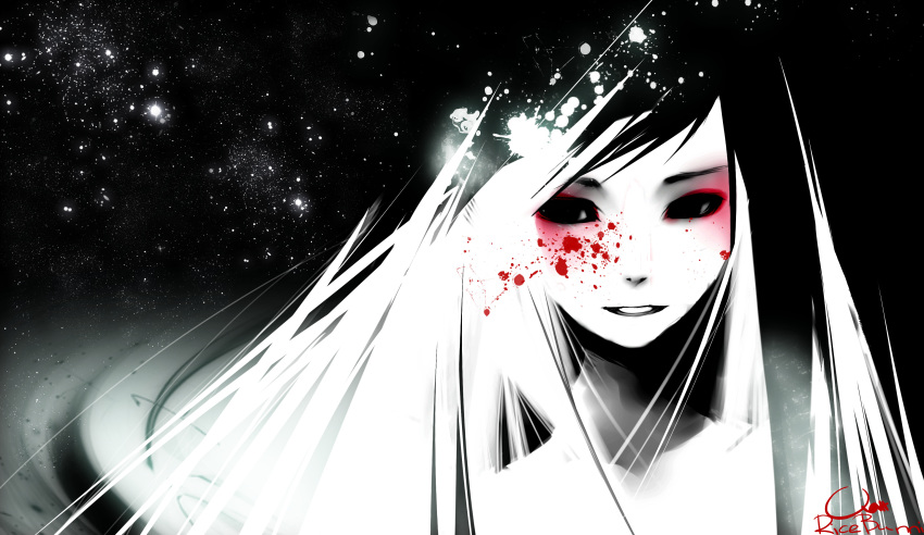 1girl absurdres artist_name blood blood_splatter eyeshadow face highres light_smile long_hair makeup monochrome original pale_skin ricebunni signature solo spot_color starry_background white_hair