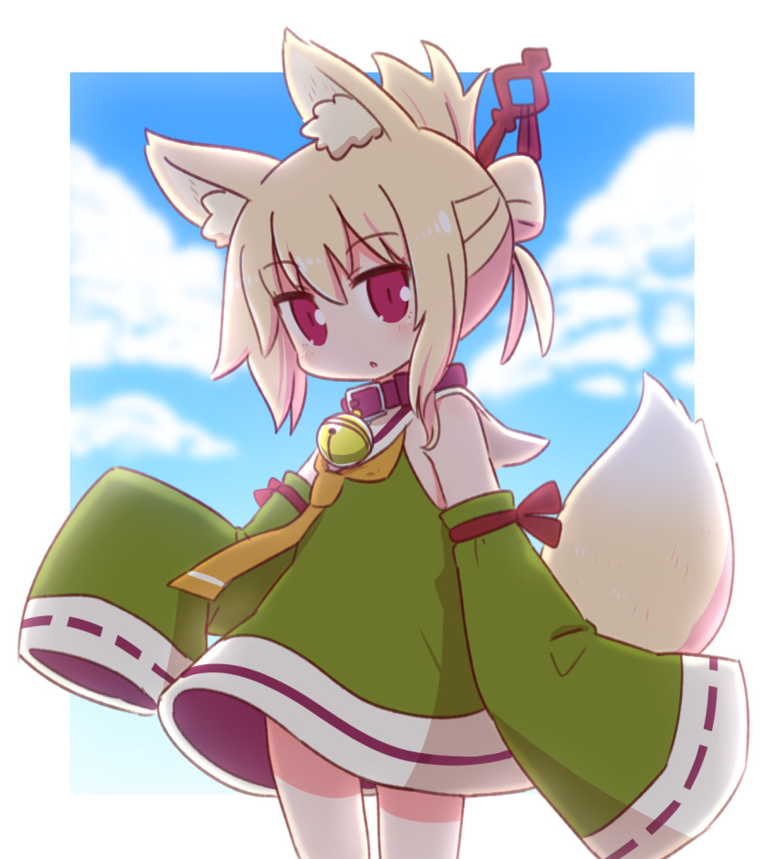 1girl animal_ear_fluff animal_ears bangs bare_shoulders bell bell_collar blonde_hair blurry blurry_background blush brown_collar collar day depth_of_field detached_sleeves dress eyebrows_visible_through_hair folded_ponytail fox_ears fox_girl fox_tail green_dress grey_sleeves hair_between_eyes hair_ornament highres jingle_bell kemomimi-chan_(naga_u) long_hair long_sleeves looking_at_viewer naga_u orange_neckwear original parted_lips red_eyes ribbon-trimmed_sleeves ribbon_trim sailor_collar sailor_dress sidelocks sleeveless sleeveless_dress sleeves_past_fingers sleeves_past_wrists solo standing tail white_sailor_collar wide_sleeves