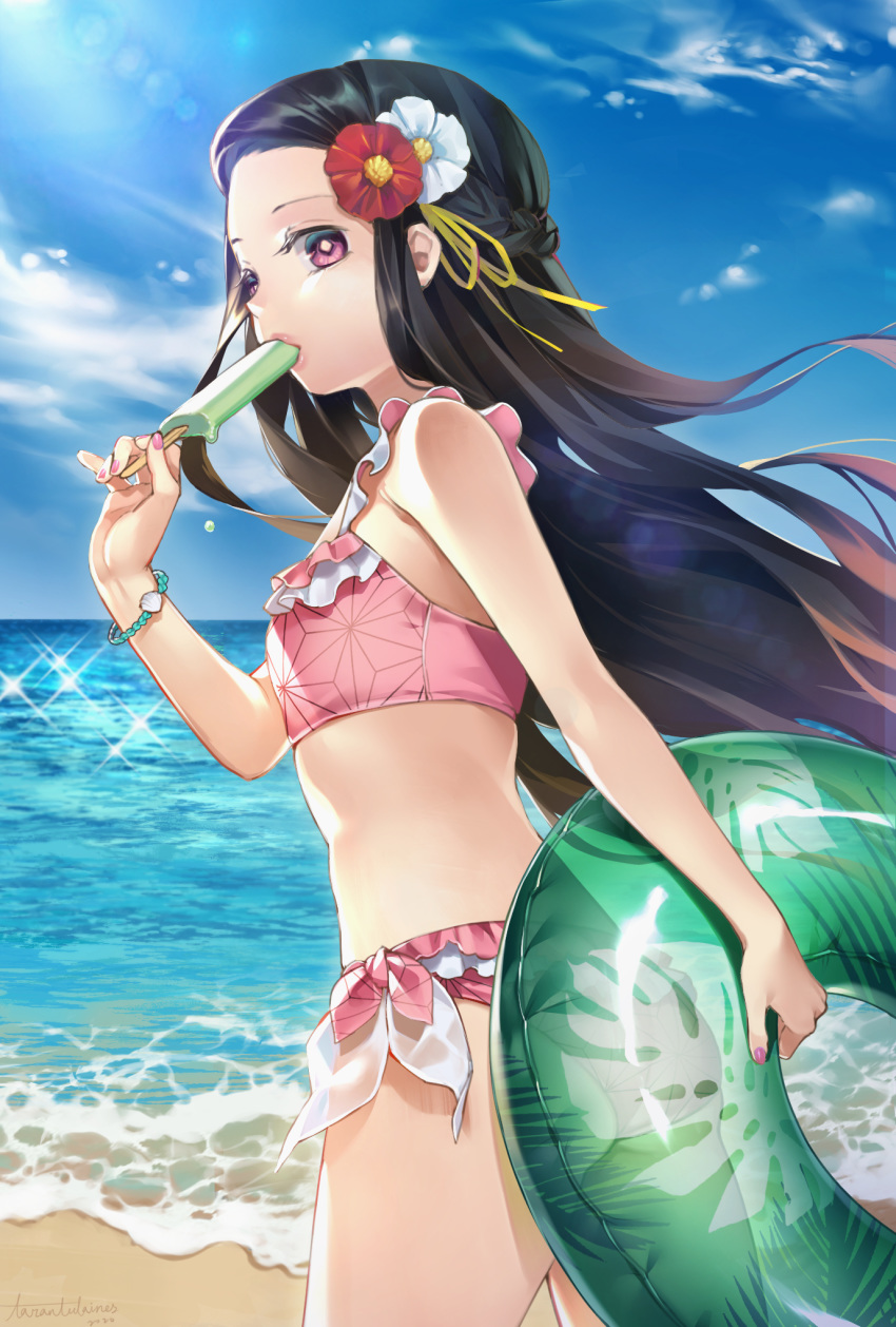 1girl bare_arms bare_shoulders beach bikini black_hair blue_sky braid clouds commentary_request day eating flower food forehead frilled_bikini frills from_side gradient_hair hair_flower hair_ornament hair_ribbon highres holding holding_food holding_innertube innertube kamado_nezuko kimetsu_no_yaiba long_hair looking_at_viewer looking_to_the_side multicolored_hair nail_polish ocean outdoors pink_bikini pink_nails popsicle red_flower redhead ribbon side-tie_bikini sky solo sparkle sunlight swimsuit tarantulaines very_long_hair violet_eyes water white_flower wristband yellow_ribbon