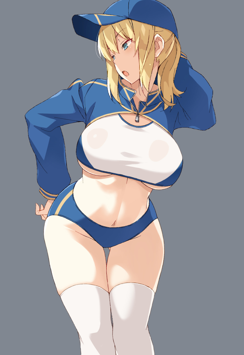 1girl arm_behind_head artoria_pendragon_(all) baseball_cap blonde_hair blue_eyes blue_headwear blue_shorts breasts crop_top eyebrows_visible_through_hair fate/grand_order fate_(series) grey_background hand_on_hip hat highres large_breasts long_sleeves looking_to_the_side midriff mysterious_heroine_xx_(foreigner) nakamura_yukitoshi navel open_mouth over-kneehighs ponytail short_shorts shorts shrug_(clothing) sidelocks simple_background solo standing thigh-highs under_boob white_legwear zipper_pull_tab