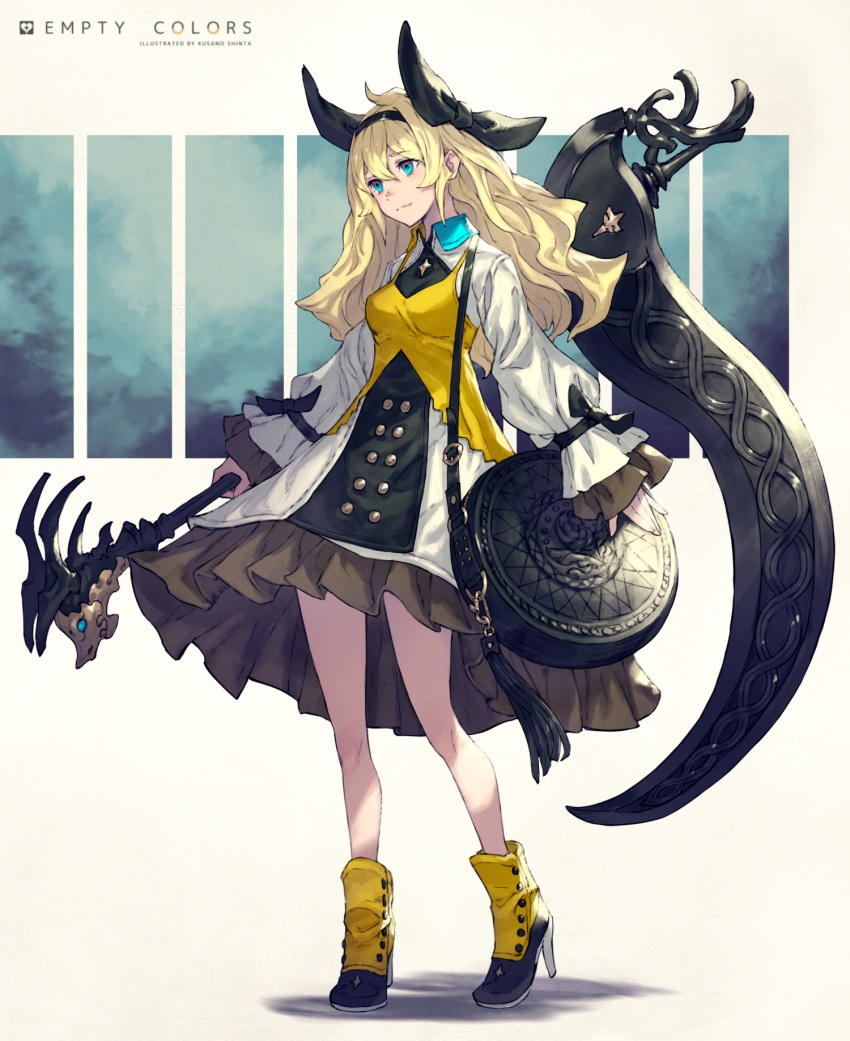 1girl ankle_boots bag bangs black_footwear black_ribbon blonde_hair blue_eyes boots breasts camisole camisole_over_clothes closed_mouth dress full_body hair_ribbon hairband high_heel_boots high_heels highres holding holding_scythe holding_staff kusano_shinta layered_dress long_hair long_sleeves looking_away medium_breasts original ribbon scythe shoulder_bag sleeves_past_wrists smile solo staff standing tassel two-tone_footwear white_dress yellow_footwear