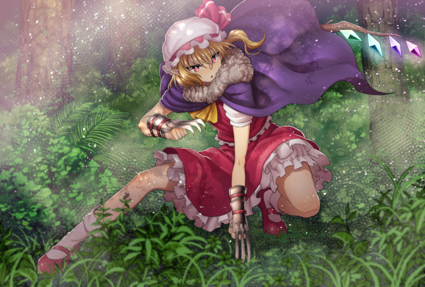 1girl cape chiaki_rakutarou claw_(weapon) clawed_gauntlets crystal dress flandre_scarlet frilled_dress frills fur_trim gauntlets grass hat highres mob_cap outdoors pink_eyes pointy_ears side_ponytail solo squatting touhou tree weapon wings