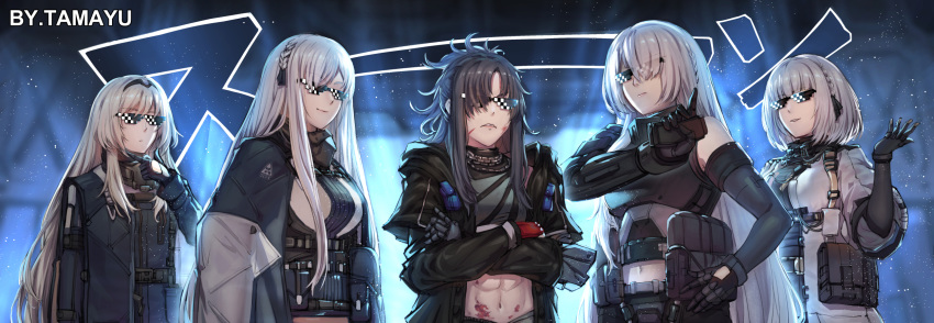 5girls abs ak-12_(girls_frontline) ak-15_(girls_frontline) an-94_(girls_frontline) angelia_(girls_frontline) artist_name blue_hair crossed_arms deal_with_it defy_(girls_frontline) fingerless_gloves girls_frontline gloves highres multiple_girls navel platinum_blonde_hair rpk-16_(girls_frontline) silver_hair sunglasses tactical_clothes tama_yu
