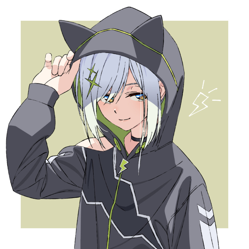 1girl animal_ears animal_hood arm_up black_choker boko_(maniacpurple) brown_eyes choker closed_mouth fake_animal_ears hood hood_up lightning_bolt original short_hair shoulder_cutout smile solo two-tone_background white_hair